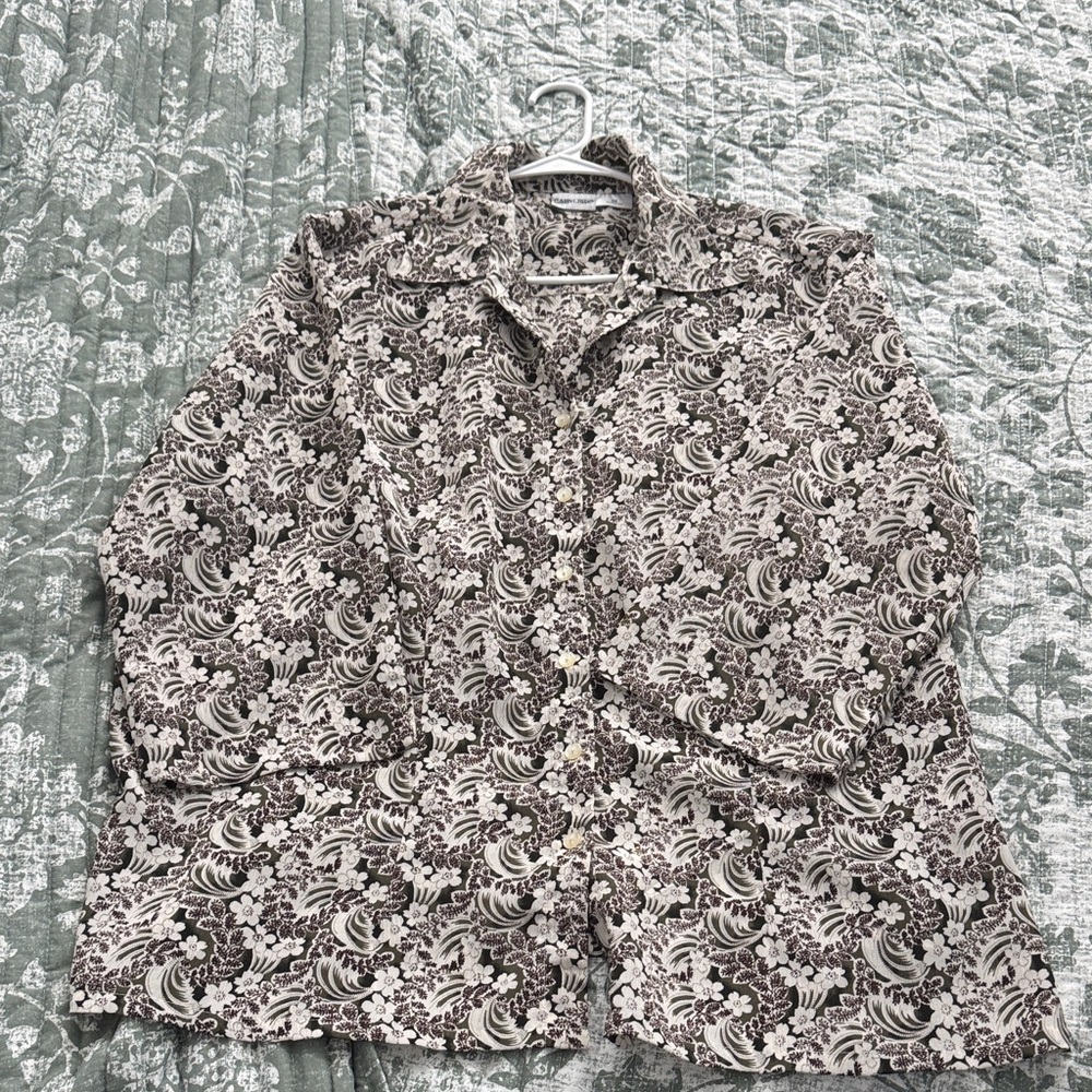 Cabin Creek Patterned Flower Blouse - Green, Brown and Cream